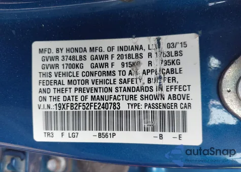 2015 Honda Civic Lx из США, поврежденный, VIN 19XFB2F52FE240783